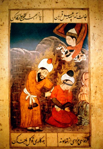 Abraham valmistautuu uhraamaan poikaansa Iisakin Jumalalle, 1700-luku tekijältä Unbekannt