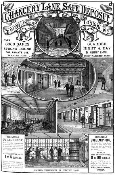 Mainos Chancery Lane Safe Deposit, Lontoo, 1887 tekijältä Unbekannt