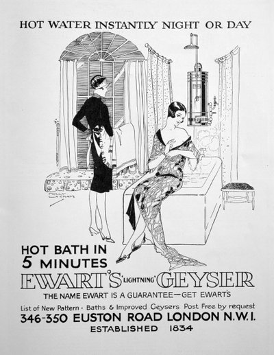 Mainos Ewarts Geyser kuumaa vettä varten, 1928 tekijältä Unbekannt