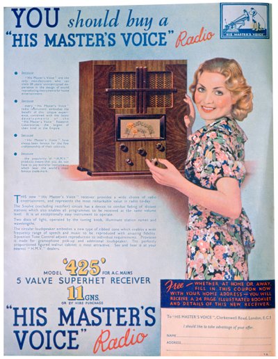 Mainos His Masters Voice -radioradioista, 1936 tekijältä Unbekannt