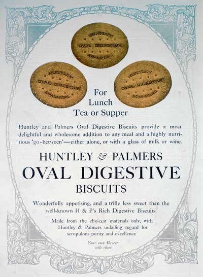 Mainos Huntley and Palmers Oval Digestive Biscuitsista, 1909 tekijältä Unbekannt