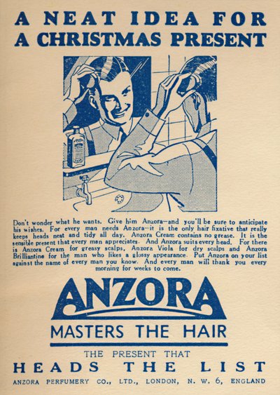 Mainos Anzora hiuskiinnitysaineesta, 1936. tekijältä Unbekannt