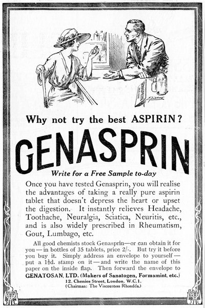 Mainos Genasprinille, joka on Aspirin-lääkkeen oma tuotemerkki. 1919 tekijältä Unbekannt