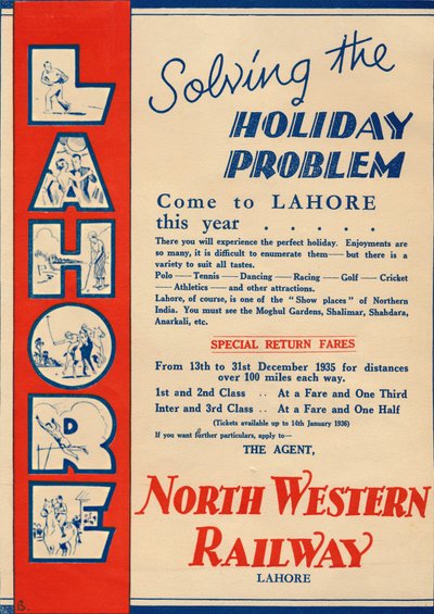 Luoteisrautatien mainos, joka edistää matkustamista Lahoreen, 1936. tekijältä Unbekannt