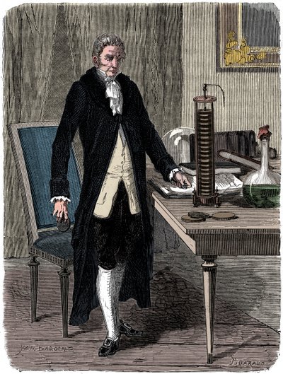 Alessandro Volta, italialainen fyysikko, esittelee sähköpaaluakkuaan, c1800 c1870 tekijältä Unbekannt