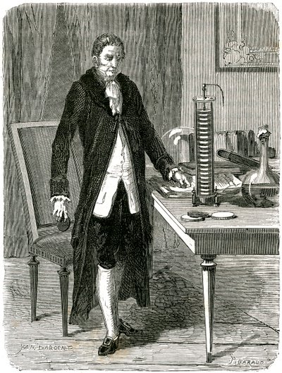 Alessandro Volta, italialainen fyysikko, esittelee sähköpaalakkuaan, c1800 c1870 tekijältä Unbekannt