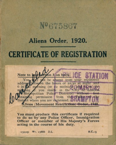 Ulkomaalaisten määräys, rekisteröintitodistus, 1920 tekijältä Unbekannt