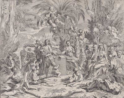 Allegoria maalauksesta, joka lapsena keskellä vasemmalla piirtää taululle, surrou..., 1650-1700. tekijältä Unbekannt