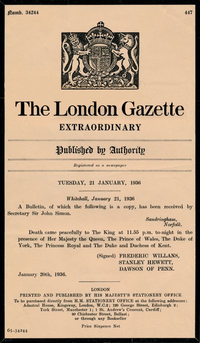 The London Gazetten poikkeuksellinen tiedote, jossa kerrotaan kuningas George V:n kuolemasta 1865-1936 tekijältä Unbekannt
