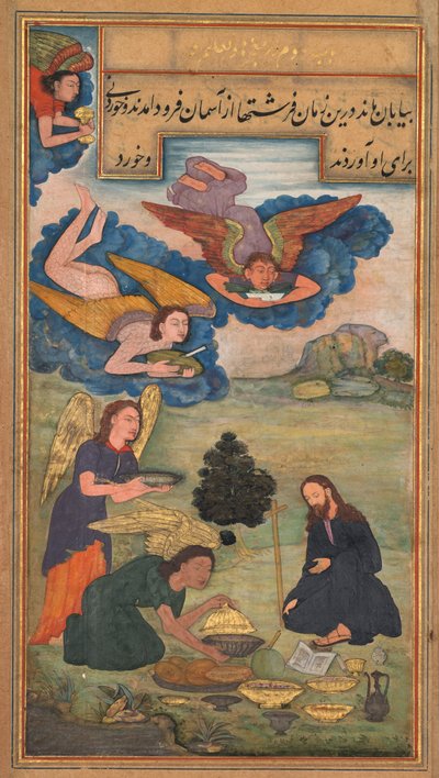 Enkelit tuovat ruokaa Jeesukselle erämaassa isä Jerome Xavierin Mirat al-qudista..., 1602 tekijältä Unbekannt