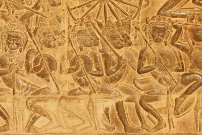 Angkor Watin yksityiskohta helpotusta veistoksesta Kurukshetran taistelusta, Siem Reap, Kambodža tekijältä Unbekannt