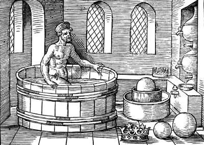 Archimedes c287-212 eKr., antiikin kreikkalainen matemaatikko ja keksijä, kylvyssä tekijältä Unbekannt