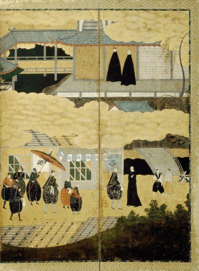 Portugalilaisen laivan saapuminen. Nanban-näyttö. Yksityiskohta: Japanilaiset kristityt, n. 1600 tekijältä Unbekannt