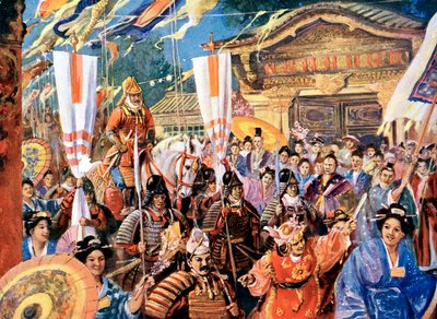 Taiteilijan näkemys Yorimotosta, 1100-luvun japanilaisesta soturista, 1900-luku tekijältä Unbekannt