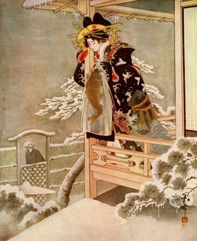 Kun hän puhui, Urasato kumartui kauas parvekkeen yli..., 1919. tekijältä Unbekannt