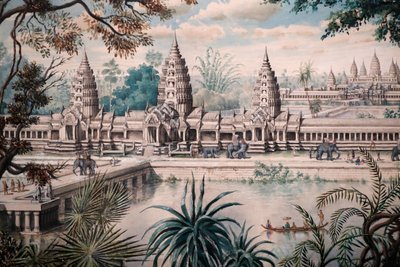 Aasian sivilisaatioiden museo, Angkor, Kambodžan pyhään kaupunkiin tutustuminen, Angkor Watin näkymä, Jacques Guiaudin piirustuksen pohjalta tehty printti Henri Mouhotin luonnoksen jälkeen, Louis Delaporten näkymä Angkor Watista noin 1870-73, Singapore, 20 tekijältä Unbekannt