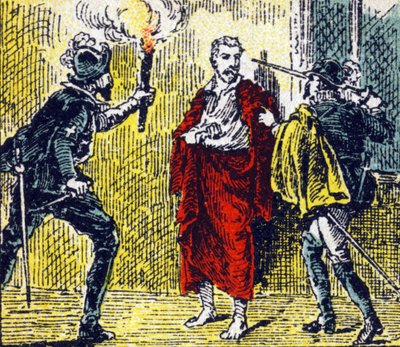 Gaspard de Colignyn salamurha Saint Barthelemyn verilöylyn aikana Besmen nimissä 24. elokuuta 1572. Kaiverrus "Histoire de France". Mainoskuvien sarja julkaistu Louit