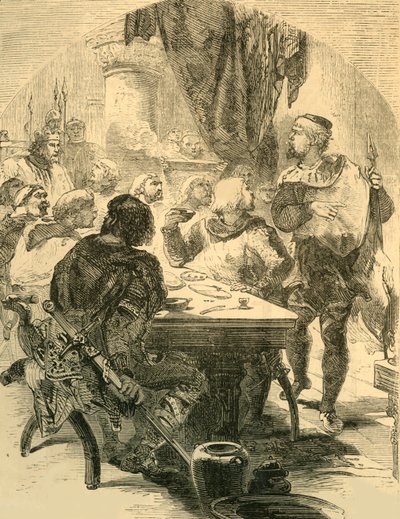 Haroldin järjestämässä juhlatilaisuudessa hän saa News of the Invasion of the Normans, vuodelta 1890. tekijältä Unbekannt