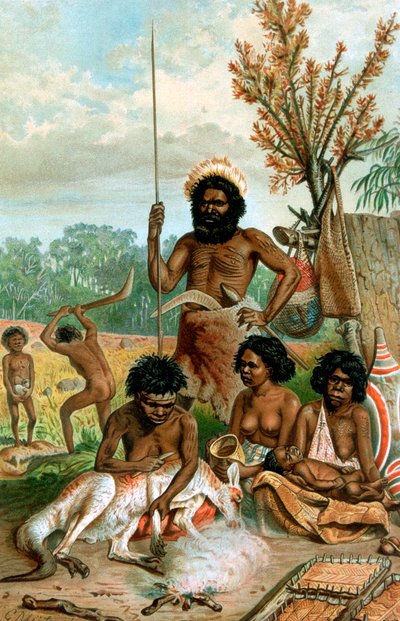 Australian aboriginaalit teurastamassa kengurua, 1885-1888 tekijältä Unbekannt