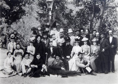 Kirjailija Maxim Gorky ja Anton Chekhov Moskovan taideteatterin näyttelijöiden välillä, 1900 tekijältä Unbekannt