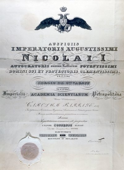 Babbage Diplomi keisarillisen tiedeakatemian Petropolitanista tekijältä Unbekannt