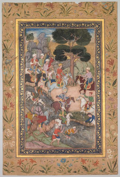 Babur tapaaminen sulttaani Ali Mirzan kanssa Kohik-joella, Babur-naman muistelmista Baburista, n. 159 tekijältä Unbekannt