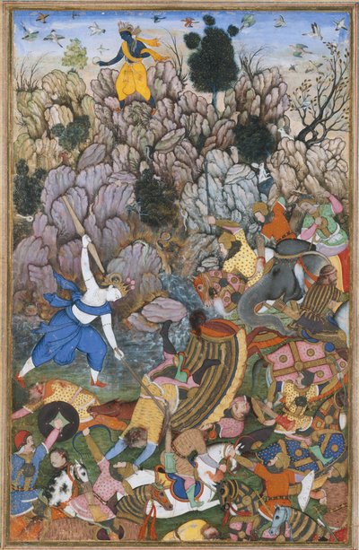 Balarama ja Krishna taistelevat vihollista vastaan, Folio Harivamsasta The Legend of..., n. 1590-95. tekijältä Unbekannt
