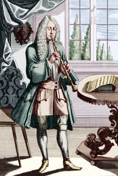 Barokkityylisen oboemuusikkon kuvateksti: Mies soittaa hautboyta (tai hautboia), joka on Musikalisches Theatrumin J C Weigelin (1661-1726) varhainen oboenkaiverrus. tekijältä Unbekannt
