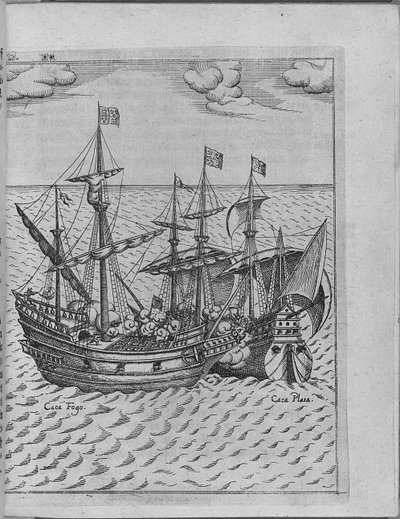 Taistelu Francis Drakes -laivan Golden Hind ja espanjalaisen Cacafuegon välillä. Levinus Hulsiulta tekijältä Unbekannt