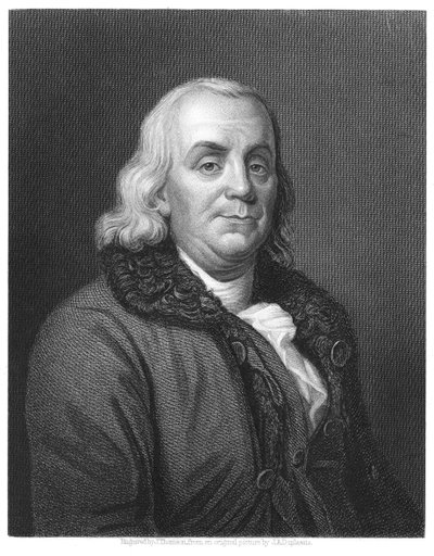 Benjamin Franklin, 1700-luvun amerikkalainen tiedemies, keksijä ja valtiomies, 1835 tekijältä Unbekannt