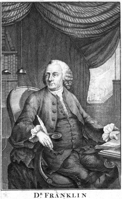 Benjamin Franklin, amerikkalainen tiedemies, keksijä ja valtiomies, 1700-luvun loppu tekijältä Unbekannt