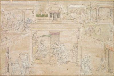 Bhimas-konsultaatio astrologin kanssa: kohtaus Nala-Damayanti-piirroksista, n. 1790-1800. tekijältä Unbekannt