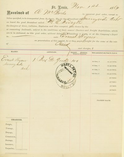 Konossementti, höyrylaiva M [ary] E.Forsyth, Sunnyside, Arkansas, 1. marraskuuta 1864 tekijältä Unbekannt