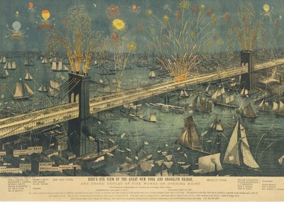 Lintuperspektiivistä Great New Yorkin ja Brooklyn Bridgen sekä ilotulitusnäytöksen..., 1883. tekijältä Unbekannt