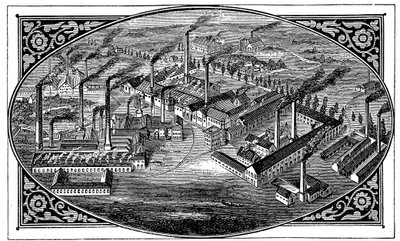 Lintuperspektiivikuva Kruppsin teoksista, Essen, Saksa, 1876 tekijältä Unbekannt