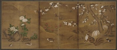 Linnut, vuodenaikojen kukat ja sivettikissat, Muromachin tai Momoyama-kausi, 1500-luku. tekijältä Unbekannt