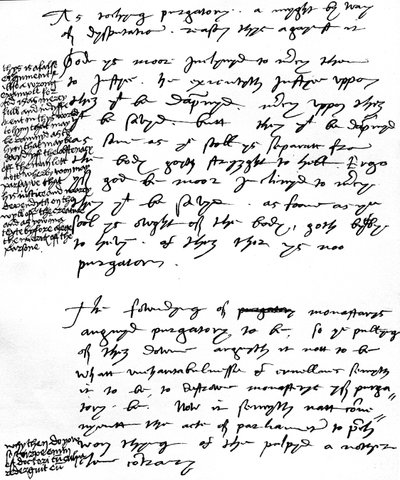 Piispa Latimerin argumentit katolista Kiirastuli-oppia vastaan, kuningas Henrik VIII:n tekemät reunamerkinnät, n. 1538 (kynä ja muste paperille) tekijältä Unbekannt