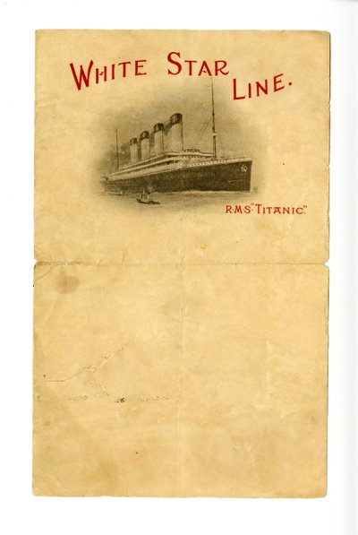 Tyhjä R.M.S Titanic -paperitavara [tuntemattoman selviytyjän antama Hurdsille], n. 1912 tekijältä Unbekannt