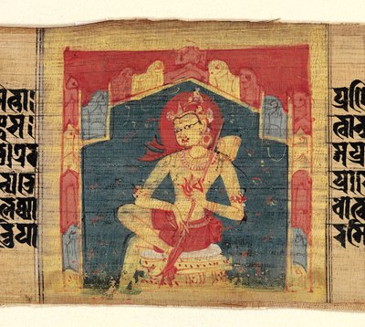 Bodhisattva vuoristoluolassa soittamassa kielisoittimella Vina..., n. 1090. tekijältä Unbekannt