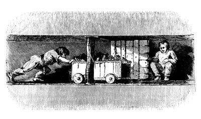 Poika työntää hiilellä lastattua kuorma-autoa kivihiilen pinnasta kaivon pohjaan, c1848 tekijältä Unbekannt