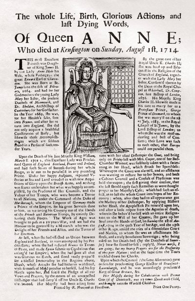 Broadside julkaistiin kuningatar Annen kuoleman yhteydessä, 1714 1906 tekijältä Unbekannt