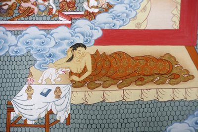 Buddhan äiti haaveilee valkoisesta norsusta. Thangka, Bhaktapur, Nepal tekijältä Unbekannt