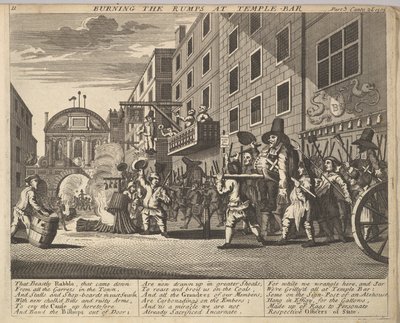Rumpujen polttaminen Temple Barissa Levy 11: Kuvituksia Samuel Butlers Hudibrasille, 1725-30. tekijältä Unbekannt