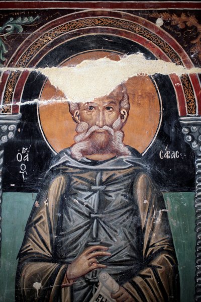 Bysanttilainen fresko 1400-luvulta (yksityiskohta) Saint Sabasin seinämaalaus Arkkienkeli Mikaelin kappeli, Galatan kylä Kypros Maalatut kirkot Unescon sivusto Troodos, Kypros tekijältä Unbekannt