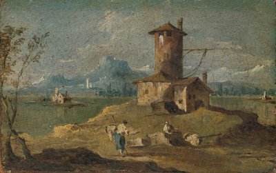 Capriccio saarella, tornilla ja taloilla, 1700-luku. tekijältä Unbekannt