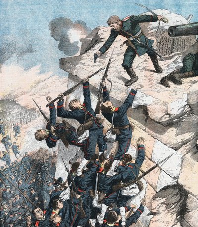 Kapteeni Lebedief puolustamassa sankarillisesti linnaketta Port Arthurin kohdalla, Venäjän ja Japanin sota, 1904-5 tekijältä Unbekannt