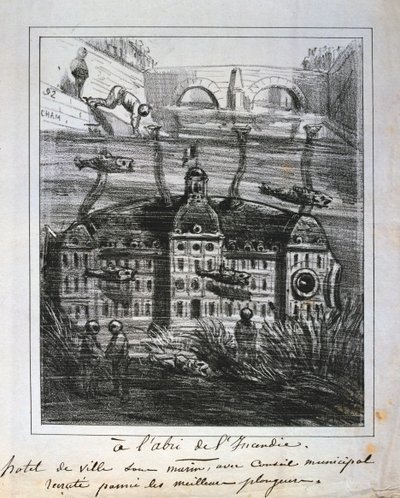 Sarjakuvaehdotus Hotel de Villen rakentamiseksi uudelleen veden alle tulipalon estämiseksi, Paris Commune, 1871. tekijältä Unbekannt