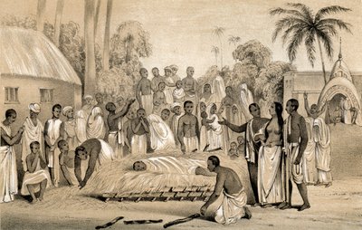 Hindu-lesken polttoseremonia edesmenneen aviomiehensä ruumiin kanssa vuonna 1847 tekijältä Unbekannt