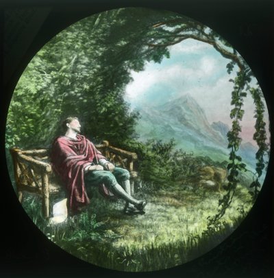 Christian lepää lehtimajassa ja kadottaa kirjakäärönsä, c1910. tekijältä Unbekannt
