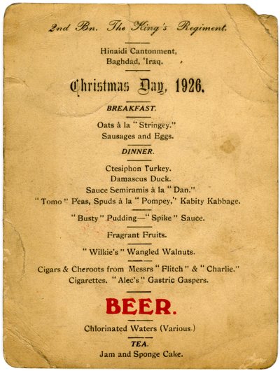 Joulupäivän menu, 2. Battalion the Kings -rykmentti, Irak, 1926 tekijältä Unbekannt